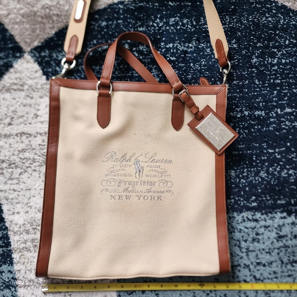 RALPH LAUREN Vintage Cream Canvas and Leather Tote Satchel Bag